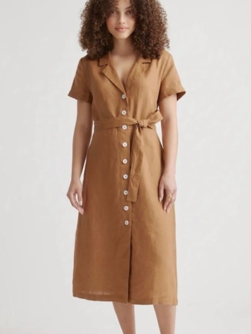 NWT Quince 100% Linen Button Down Midi Dress Terracotta Brown Belted Medium